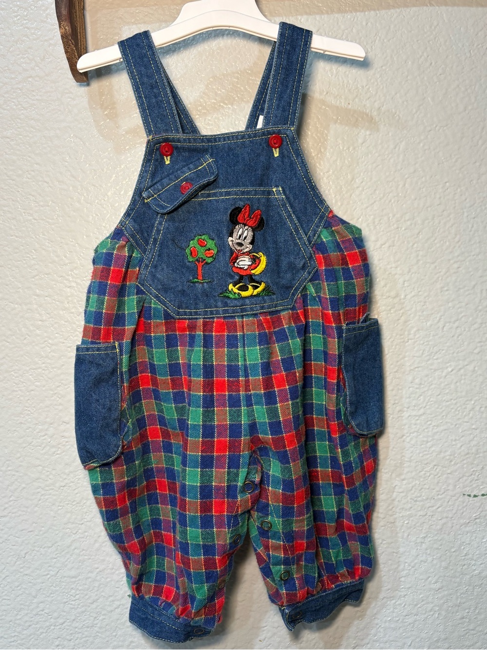 Vintage Mickey’s Stuff For Kids Minnie Mouse Overalls Plaid Apples Print Sz 12M
